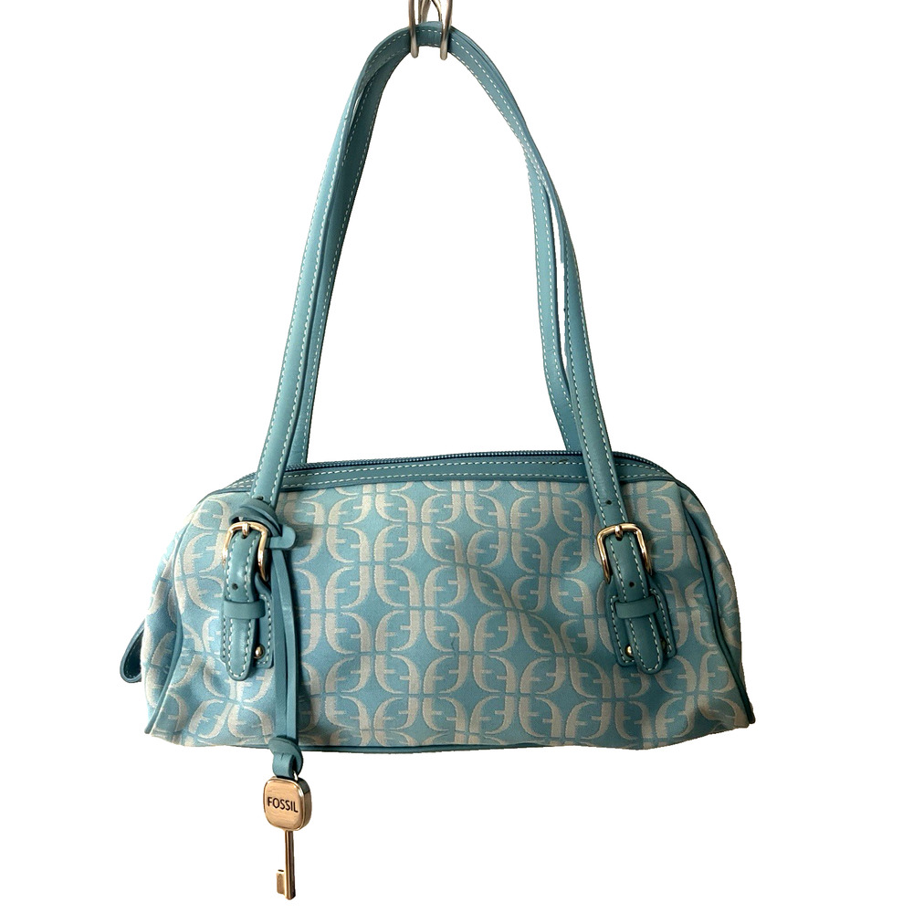 FOSSIL Canvas Sky Blue Shoulder Handbag w/ Signature Charm Key Double Handle